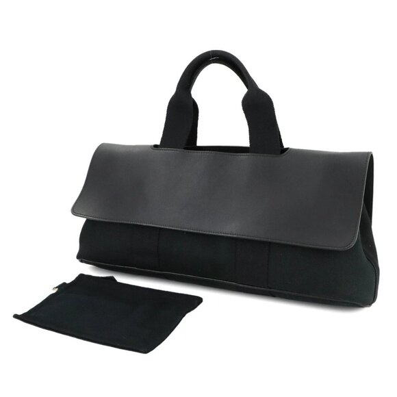 HERMES Valparaiso Long MM Hand Bag Toile chevrons Leather Black 90272727 - Picture 1 of 11